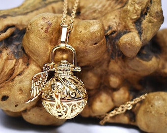 Gold Angel Caller Necklace: Harmony Chime Ball With Angel Wing Charm