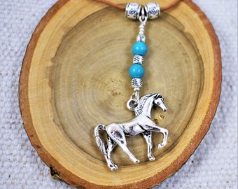 Necklace - Antique Silver Horse Pendant with Turquoise on Leather Cord