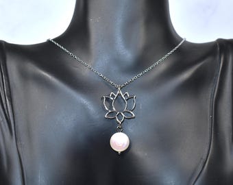 Natural Keshi Pearl and Lotus Flower Silver Necklace, Jewelry Gift For Her