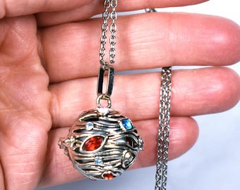 Silver Angel Caller Necklace: Harmony Chime Ball Locket With Rhinestones, Gift for Her