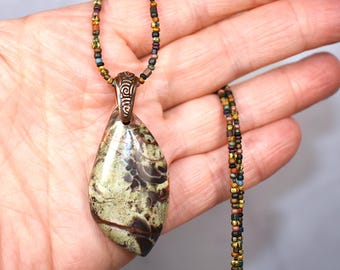 Unique Genuine Ayaka Agate Leaf Pendant on Earthy Seed Bead Chain