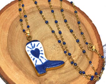 Ceramic Cowboy Boot Pendant Necklace, Blue and White Cowgirl Boot With Heart, Western Jewelry Gift