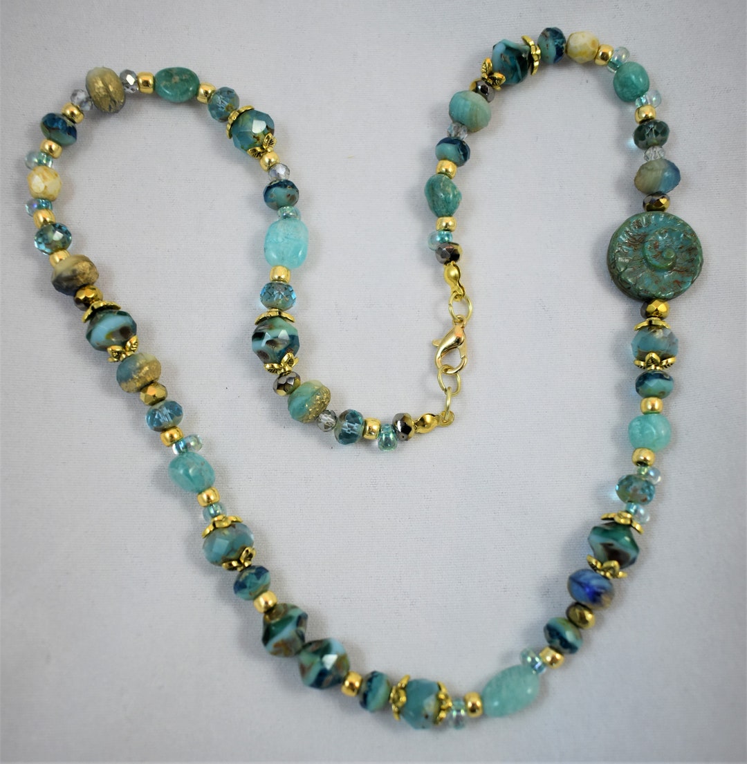 Necklace Stunning Aqua and Gold Beaded Czech Glass Necklace - Etsy