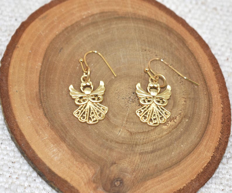 Gold Angel Earrings pretty angels in matte satin gold. Earrings gift for Christmas season. Jewelry gift for her. Gift for wife, gift for daughter, gift for co-worker, gift for best friend, Religious angel gift, gift for mom, gold earrings gift, satin