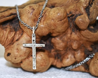 Hammered Silver Cross Necklace: Unisex Christian Pendant, 20" Chain
