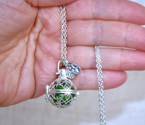 Silver Mexican Angel Caller Harmony Chime Ball Necklace With Heart