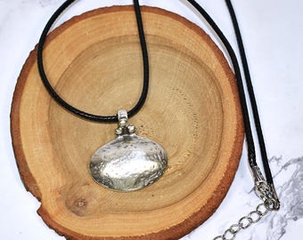 Silver Hammered Oval Pendant Necklace on Black Fabric Cord, Jewelry Gift For Her