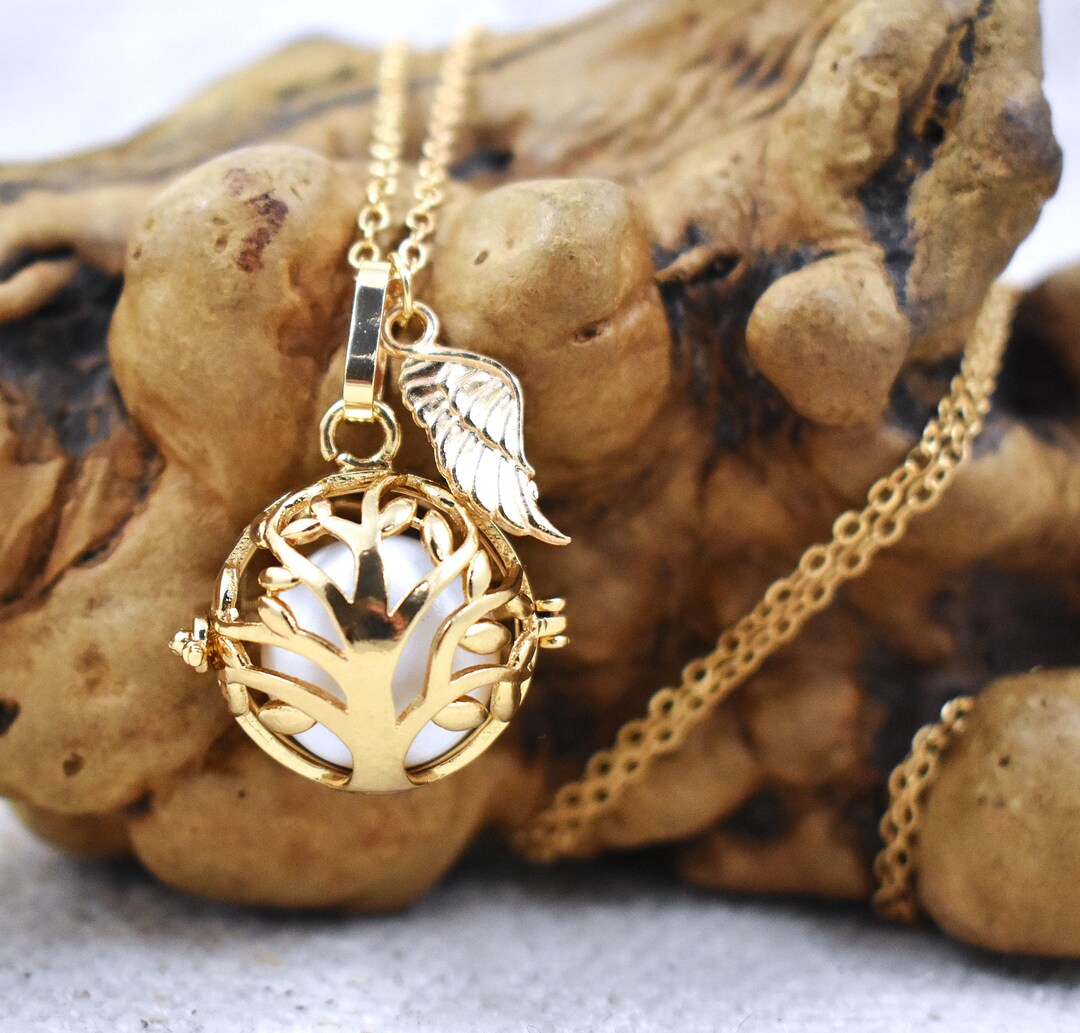 Angel Caller Gold Tree of Life Angel Caller Necklace: Harmony Chime Ball, Wing Charm ...