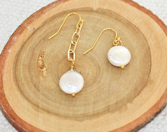 Earrings - Natural Keshi Pearl Asymmetrical Gold Earrings