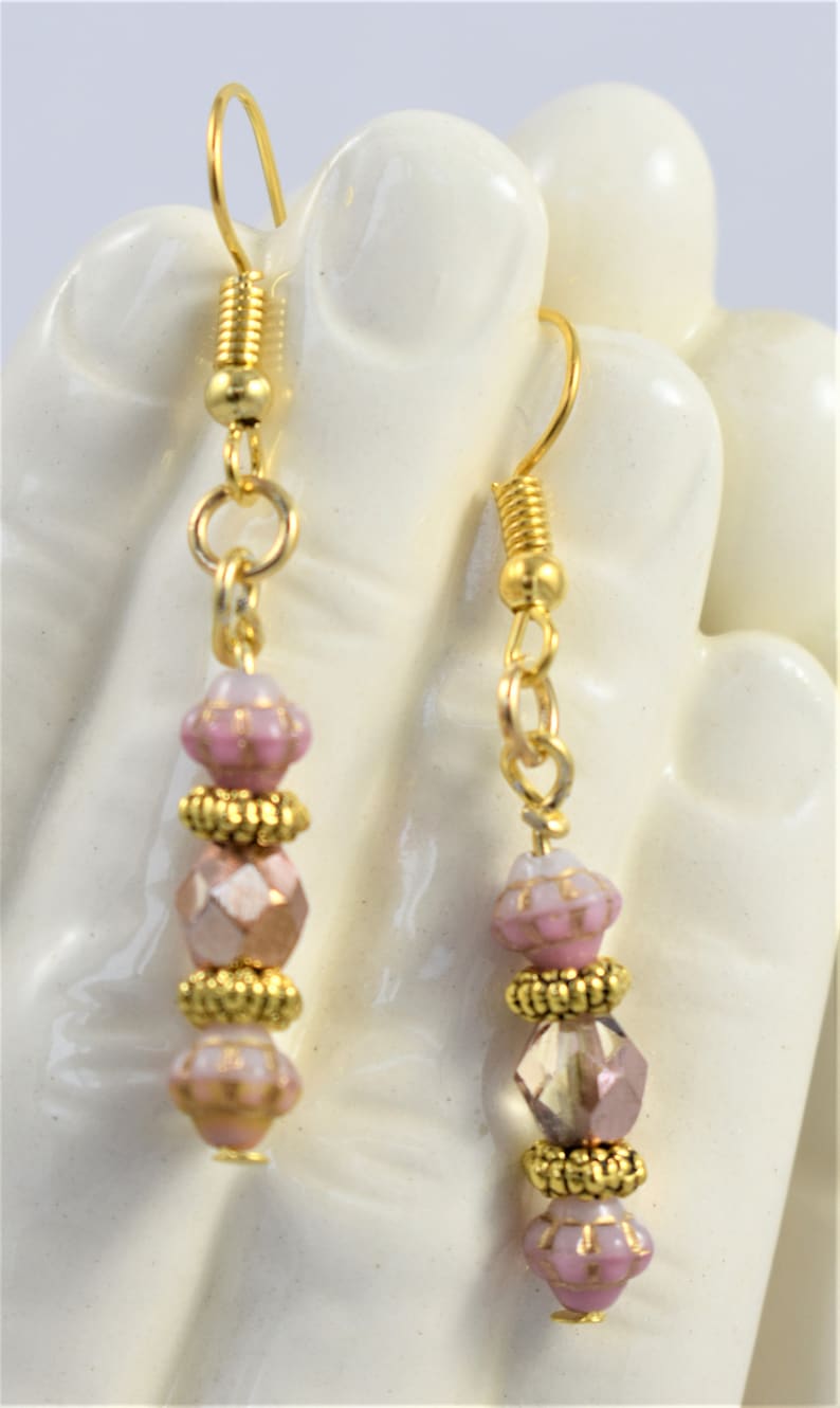 Pretty in Pink Czech Glass Beaded Gold Earrings