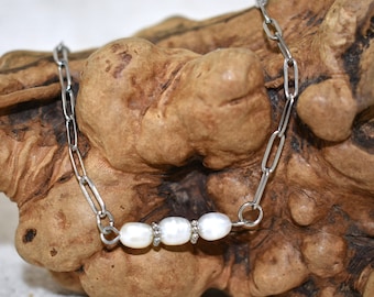 Freshwater Pearl Necklace: Paperclip Chain, Czech Glass Accents