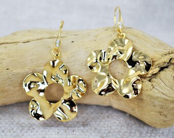 Flower Earrings 18K Gold Plated Wavy Flowers on 18K Gold Filled Ear Wires with Crystals