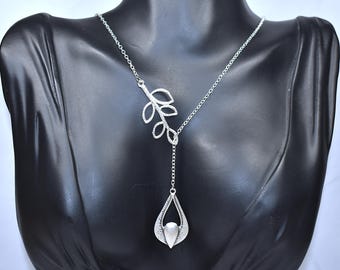 Silver Branch Lariat Necklace, Jewelry Gift For Her