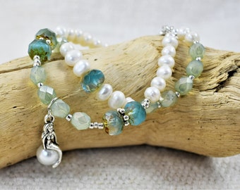 Freshwater Pearl Bracelet: Czech Glass, Mermaid Charm, Double Strand