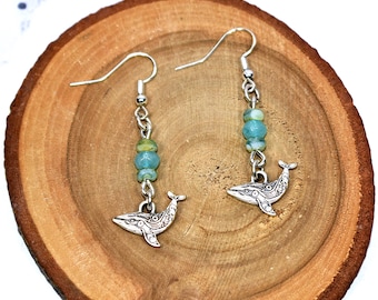Silver Whale Earrings with Aquamarine and Czech Glass Beads, Jewelry Gift For Her