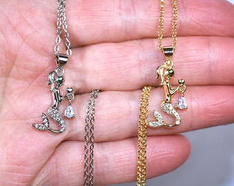 Mermaid Pendant Necklace in Silver or Gold With Cubic Zirconia Crystals, Jewelry Gift For Her