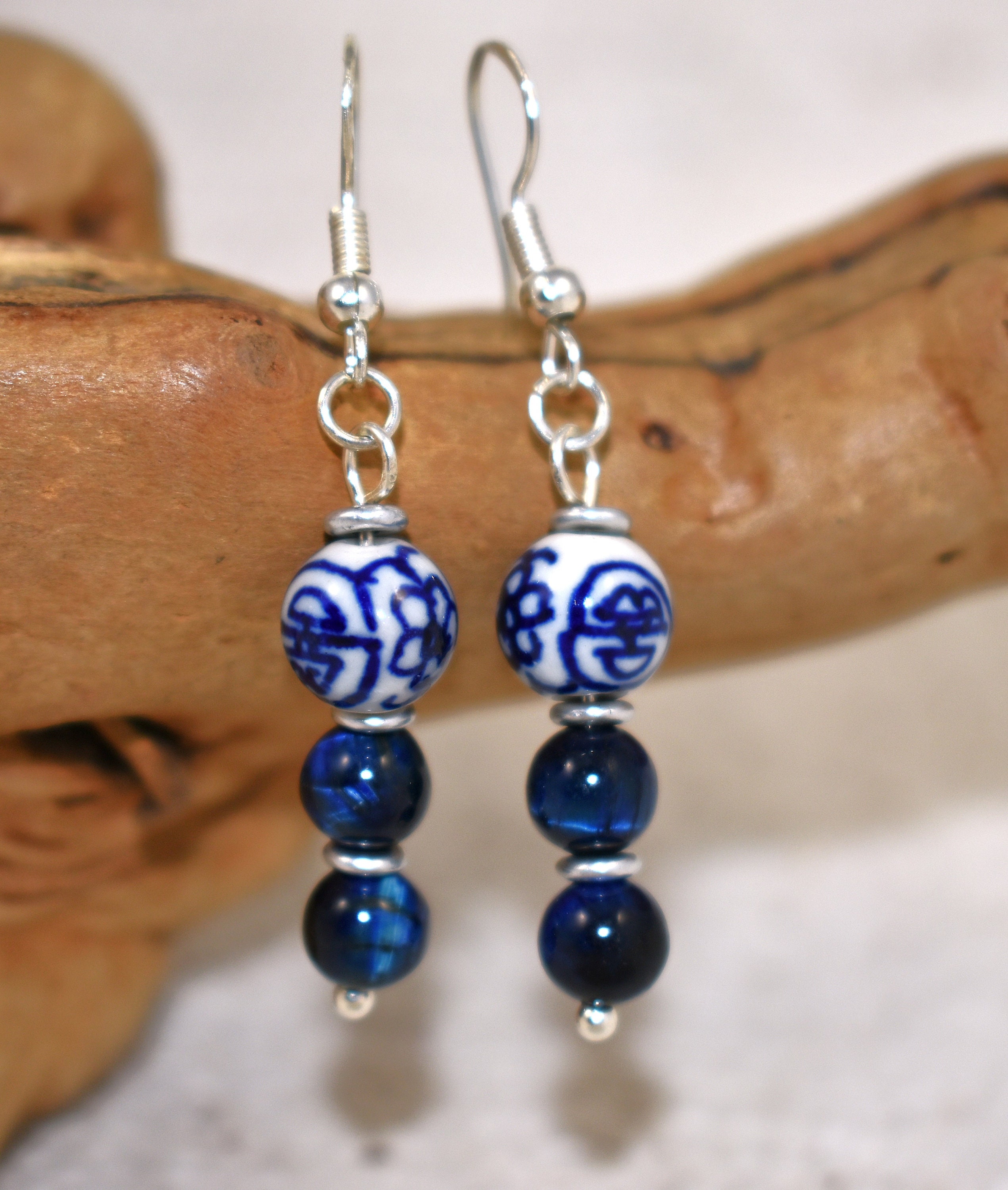 Boucles D'oreilles Pendantes Perles œil De Tigre Bleu - 3 Anneaux - Neuf Sans Emballage