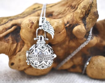 Mexican Angel Caller Necklace, Harmony Chime Ball, Gold or Silver with Crystal Rhinestones