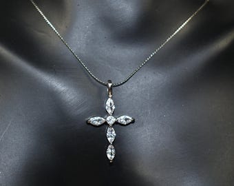 Cross Pendant Necklace on Fine Non-Tarnish Chain, Marquise Cubic Zirconia Platinum Cross for Women