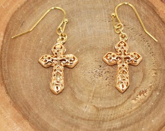 Gold Cross Earrings, 18K Gold Plated Filigree Cross Earrings Gift For Her