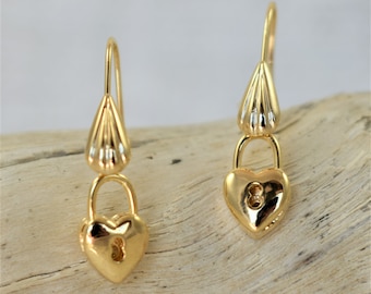 Boucles d'oreilles - Boucles d'oreilles cadenas en forme de coeur rempli d'or 18 carats, cadeau de Saint-Valentin