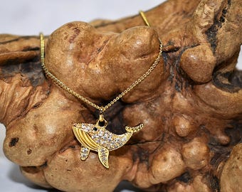 Gold Whale Necklace with Cubic Zirconia Crystals, Jewelry Gift For Her