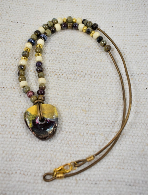 Raku Ceramic Pendant Necklace and Beads on Genuine Leather Cord Necklace Gift for Her Etsy UK