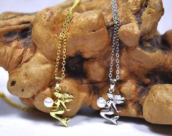 Mermaid Pendant Necklace in Silver or Gold With Pearls, Jewelry Gift For Her