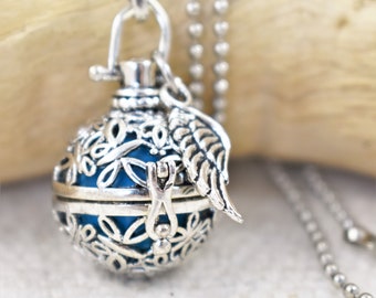 Silver Mexican Angel Caller Harmony Chime Ball Butterfly Necklace With Wing Charm