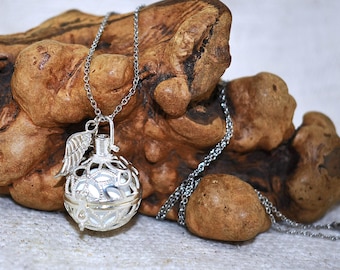 Silver Angel Caller Bola Necklace: Floral Harmony Chime Ball Locket