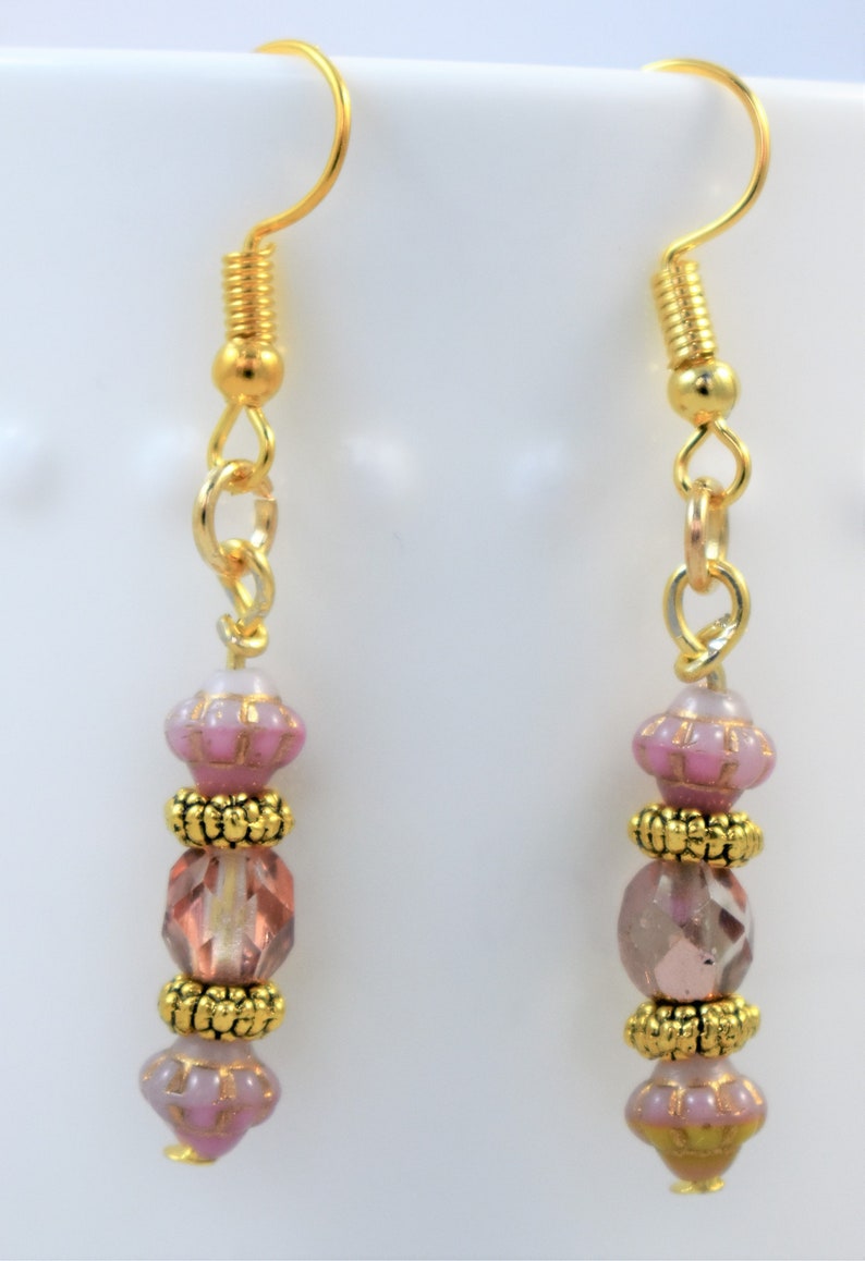 Pretty in Pink Czech Glass Beaded Gold Earrings