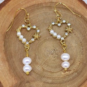 Gold Heart Pearl Earrings: 18K Gold Plated, Rhinestone Accent