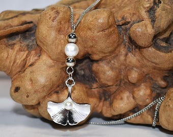 Ginkgo Leaf with Pearls Silver Necklace, Jewelry Gift For Her