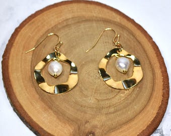 Gold Pearl Earrings, Wavy Hoop Earrings, Jewelry Gift For Her