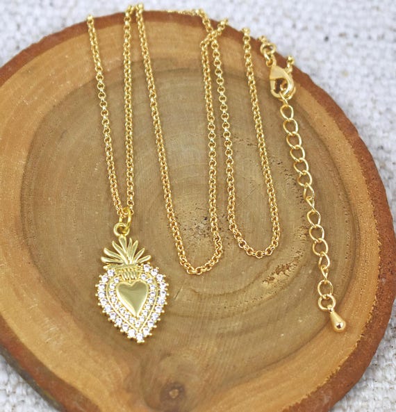 Gold Sacred Heart Necklace: 18K Plated, Micro Pave Crystals