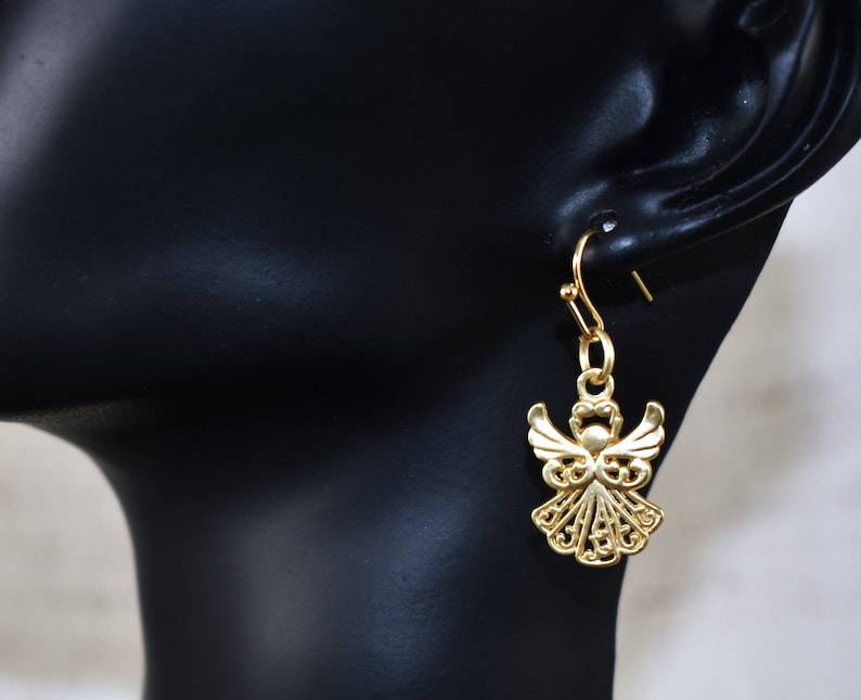 Gold Angel Earrings pretty angels in matte satin gold. Earrings gift for Christmas season. Jewelry gift for her. Gift for wife, gift for daughter, gift for co-worker, gift for best friend, Religious angel gift, gift for mom, gold earrings gift, satin