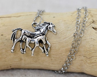 Silver Horse and Foal Pendant Necklace, Mother's Day Gift