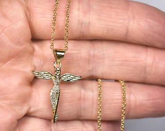 Gold Angel Cross Necklace with Micro Pave Crystals, Christian Jewelry Gift