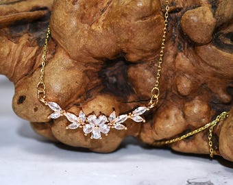 Gold Chain with Crystal Branch and Flowers Necklace, Jewelry Gift For Her