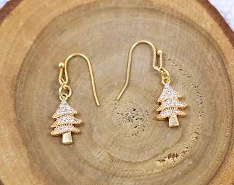 Dainty Gold Pine Tree Earrings, Micro-Pave Crystals