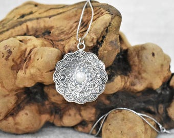 Handcrafted Solid 999 Fine Silver Mandala Pendant Necklace with Pearl Center
