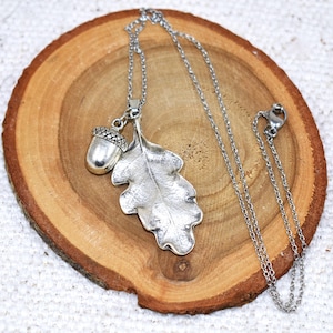Silver Oak Leaf With Acorn Pendant Necklace, Jewelry Gift for Her