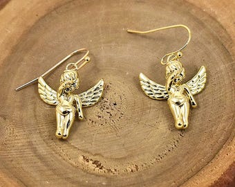 Gold Angel 3D Cherub Earrings, Jewelry Gift For Her