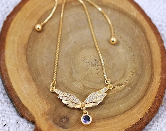 Gold Angel Wing Bracelet: Crystal Wings, Amethyst Charm
