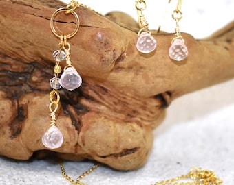 Rose Quartz Briolette Jewelry Set, 18K Gold Plated Necklace and Earrings