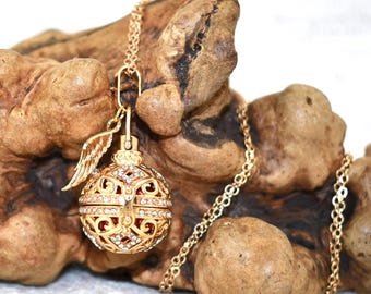 Gold Angel Caller Necklace: Harmony Chime Ball with Crystal Angel Wing