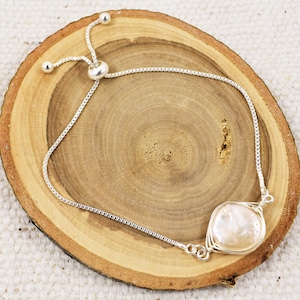 Silver Chain Bracelet: Wire Wrapped Keshi Pearl, Adjustable