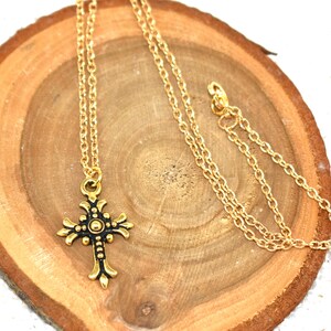 Antique Gold Cross Necklace: 18K Gold Plated Chain, Christian Jewelry