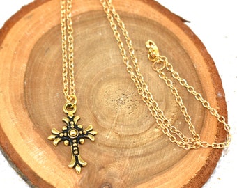 Antique Gold Cross Necklace: 18K Gold Plated Chain, Christian Jewelry