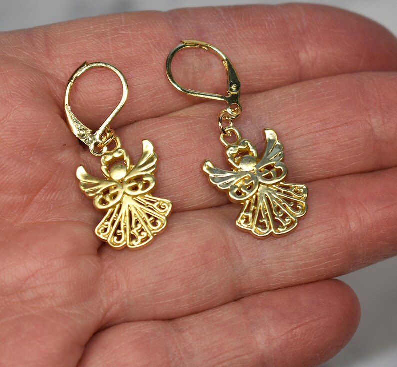 Satin Gold Angel Earrings: 18K Gold Plated Wires image 8